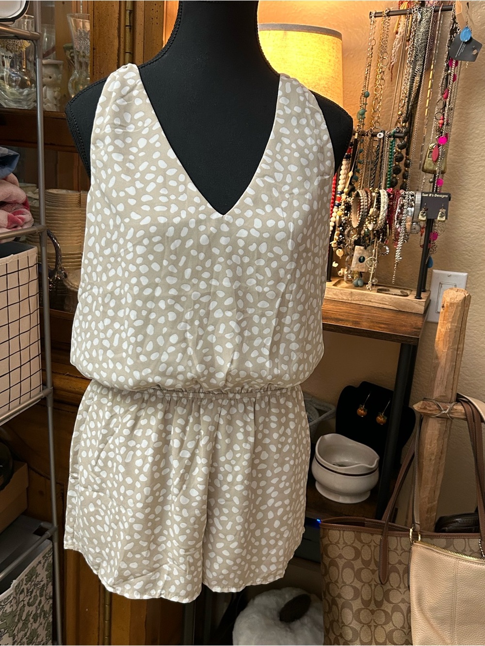 Pink Lily Beige and White Sleeveless V-Neck Romper